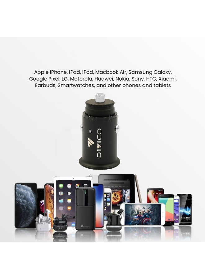 DIVICO A3004 Car Charger 12V–24V Input, Dual USB Fast Charging Output, Zinc Alloy Body, Compact 43.5 x 20.4 x 34.3mm, 31.5g Lightweight, Black - Image 5